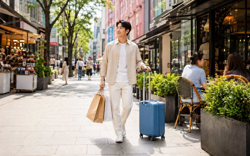 Traveler with blue suitcase and shopping bags on a Seoul shopping street