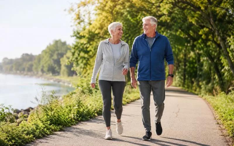 Older couple walking together on a sunny outdoor path surrounded by greenery and water.