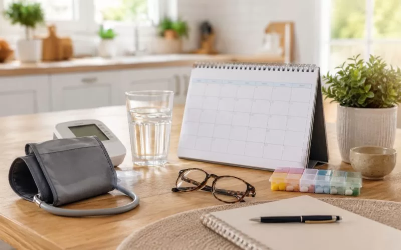 Wellness planning items on a kitchen table with a calendar, glasses, water, pill organizer, notebook, and blood pressure cuff.
