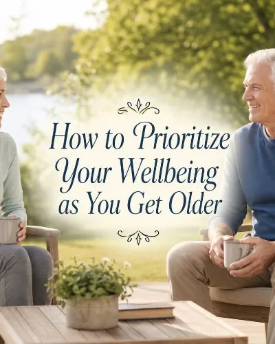 Older couple sitting outside with coffee and decorative text that reads How to Prioritize Your Wellbeing as You Get Older.