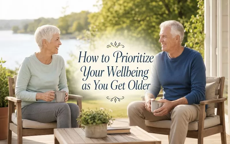 Older couple sitting outside with coffee and decorative text that reads How to Prioritize Your Wellbeing as You Get Older.