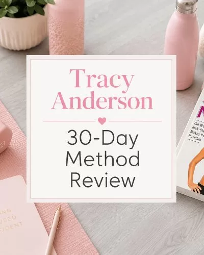 Featured image for Tracy Anderson 30-Day Method review with the book, pink workout mat, light dumbbells, towel, water bottle, and centered title graphic on gray wood-look flooring.