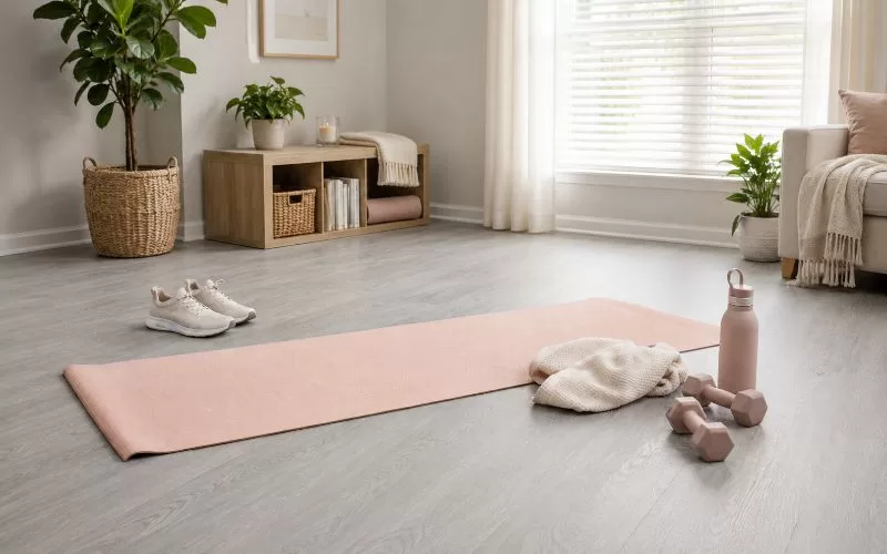 Home workout setup with a blush exercise mat, light dumbbells, sneakers, towel, and water bottle on gray wood-look flooring in a bright living room.