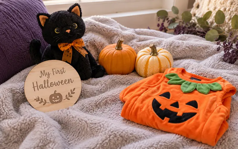 Baby’s first Halloween photo setup with pumpkins and a milestone sign