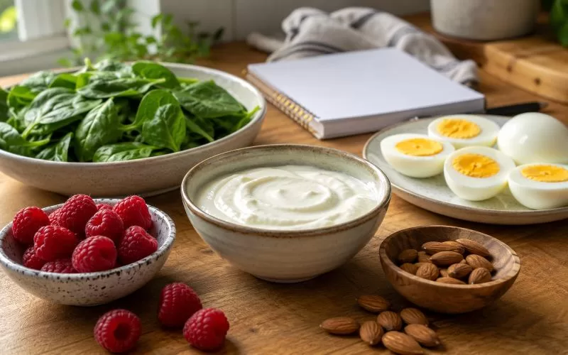 Five Cinch Diet Fast Forward foods arranged on a wooden kitchen table, including spinach, boiled eggs, plain yogurt, raspberries, and almonds.