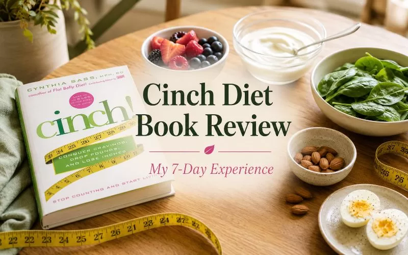 Cinch Diet Book Review featured image with the Cinch book, berries, yogurt, spinach, almonds, eggs, and a measuring tape on a warm wooden table.
