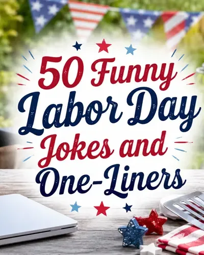 Colorful graphic reading 50 Funny Labor Day Jokes and One-Liners with playful work and holiday illustrations.