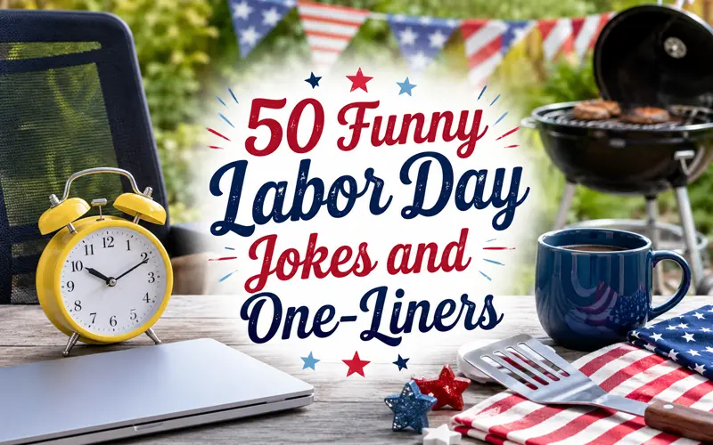 Colorful graphic reading 50 Funny Labor Day Jokes and One-Liners with playful work and holiday illustrations.