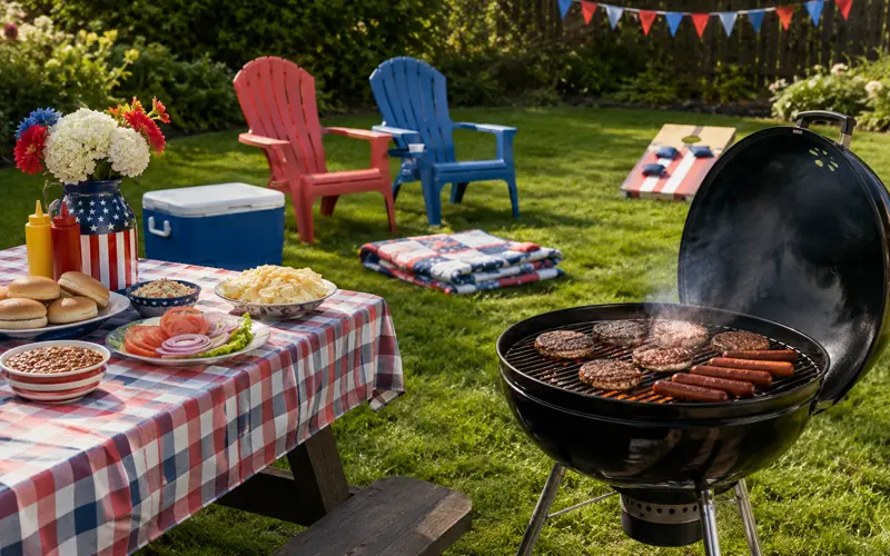 Empty backyard Labor Day cookout with a grill, lawn chairs, cooler, picnic food, and patriotic decorations.