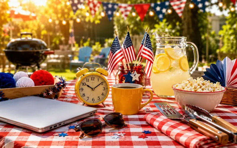 Festive Labor Day table with a closed laptop, yellow alarm clock, coffee mug, lemonade, popcorn, grilling utensils, American flags, bunting, and string lights.