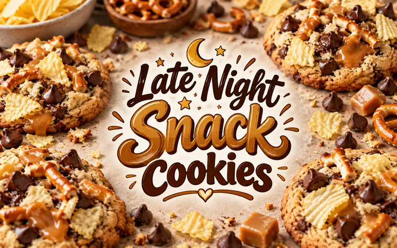 Sweet and salty cookies surrounding a centered Late Night Snack Cookies title design