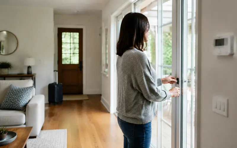 Traveler checking that a window is locked before leaving home for vacation.
