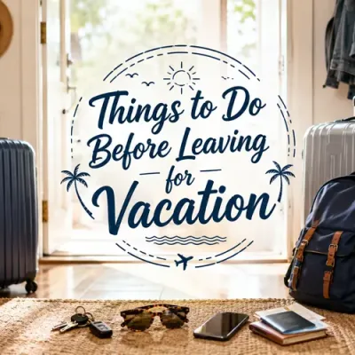 Packed luggage by a front door with the words Things to Do Before Leaving for Vacation.