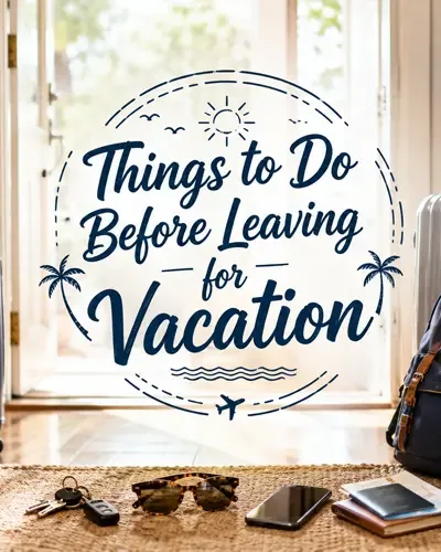 Packed luggage by a front door with the words Things to Do Before Leaving for Vacation.