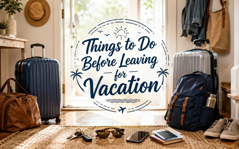 Packed luggage by a front door with the words Things to Do Before Leaving for Vacation.