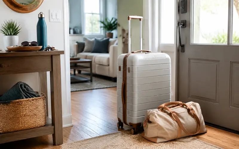 Packed suitcase and travel essentials waiting near the front door before a vacation.