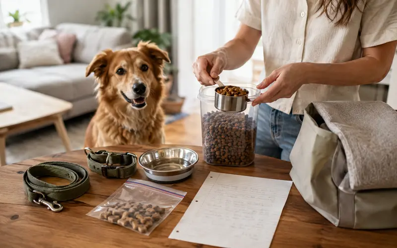 Dog beside food, leash, treats, and pet-care supplies prepared before a vacation.