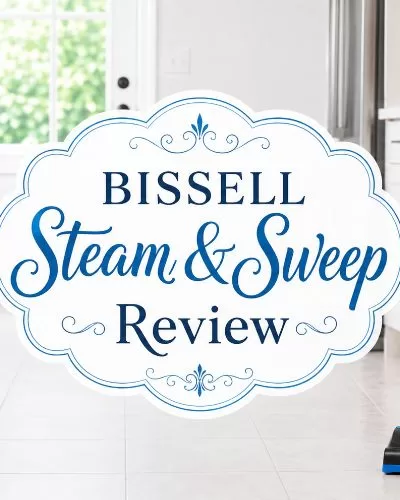 Decorative BISSELL Steam & Sweep Review title graphic over a bright kitchen scene with the steam mop on light tile.