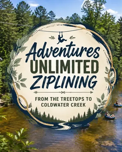 Ziplining and creek adventure scene with Adventures Unlimited article title graphic