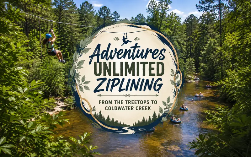 Ziplining and creek adventure scene with Adventures Unlimited article title graphic