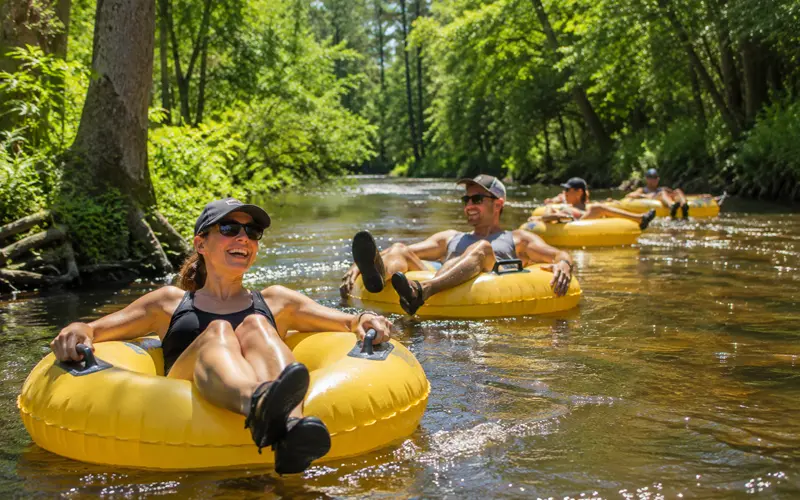 Adults relaxing in bright yellow tubes while floating down a wooded Florida-style creek