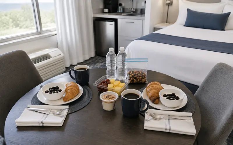 Simple breakfast for two in a hotel room with fruit, yogurt, coffee, and pastries