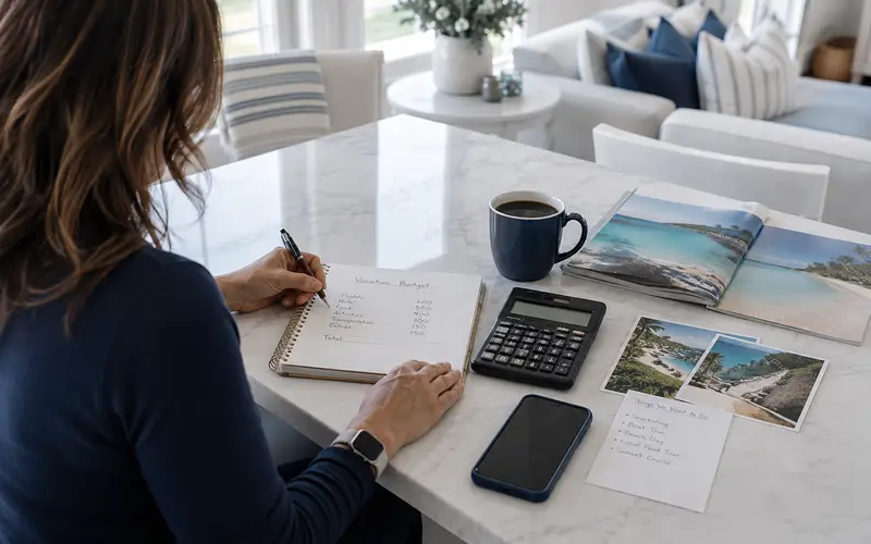 Traveler planning vacation expenses with a notebook and calculator