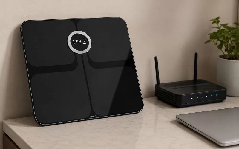 Fitbit Aria scale on a countertop beside a home Wi-Fi router and laptop.