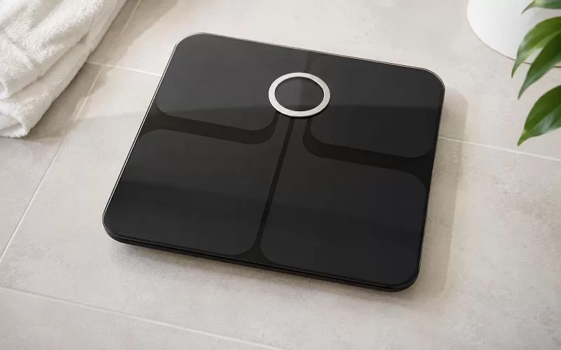 Black Fitbit Aria smart scale on a light bathroom floor in a clean product-review setting.