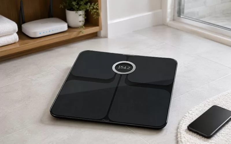 Black Fitbit Aria smart scale on a bathroom floor with a Wi-Fi router and phone nearby.