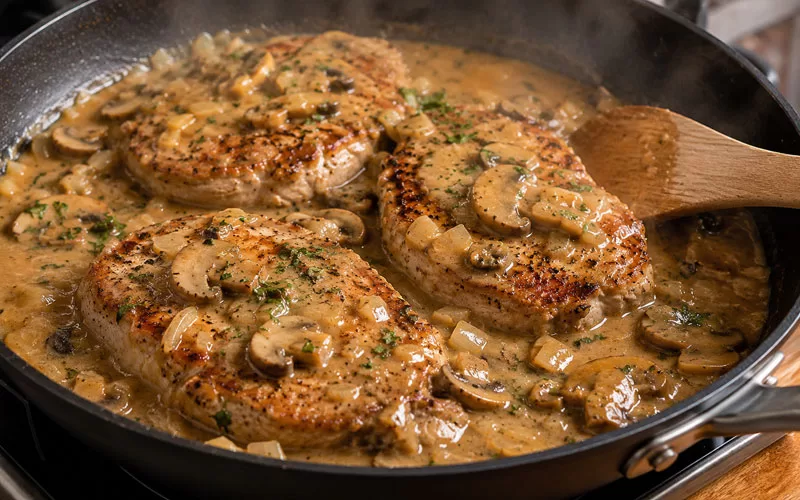 Pork chops simmering in a skillet with creamy golden mushroom gravy, sliced mushrooms, onions, and herbs.