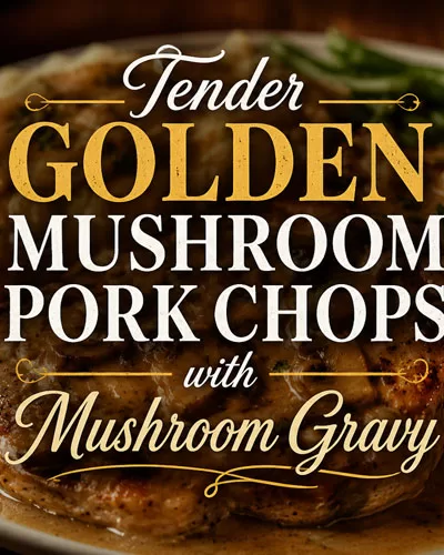 Featured image for tender golden mushroom pork chops with mushroom gravy served with mashed potatoes and green beans.