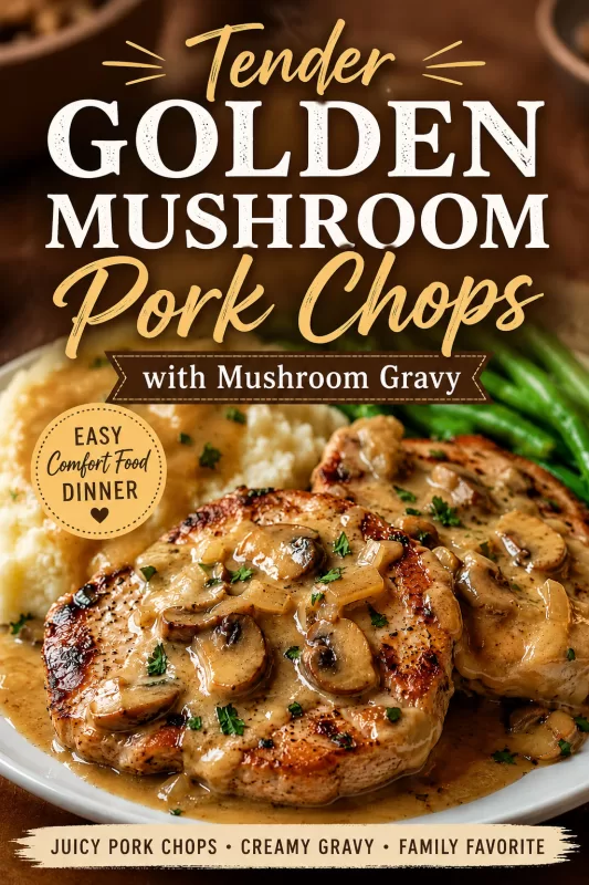 Pinterest graphic for tender golden mushroom pork chops with creamy mushroom gravy, mashed potatoes, and green beans.