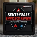 Featured graphic for a SentrySafe SFW123CS review showing a black fireproof and waterproof safe in a living room with bold centered review text.