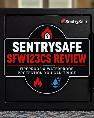 Featured graphic for a SentrySafe SFW123CS review showing a black fireproof and waterproof safe in a living room with bold centered review text.