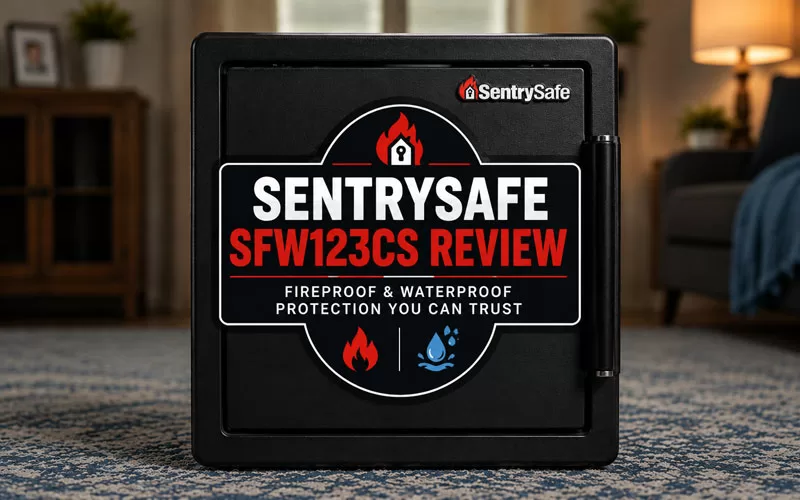 Featured graphic for a SentrySafe SFW123CS review showing a black fireproof and waterproof safe in a living room with bold centered review text.