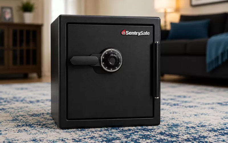 Black SentrySafe fireproof and waterproof safe sitting on a blue patterned rug in a softly lit living room with a blurred background.