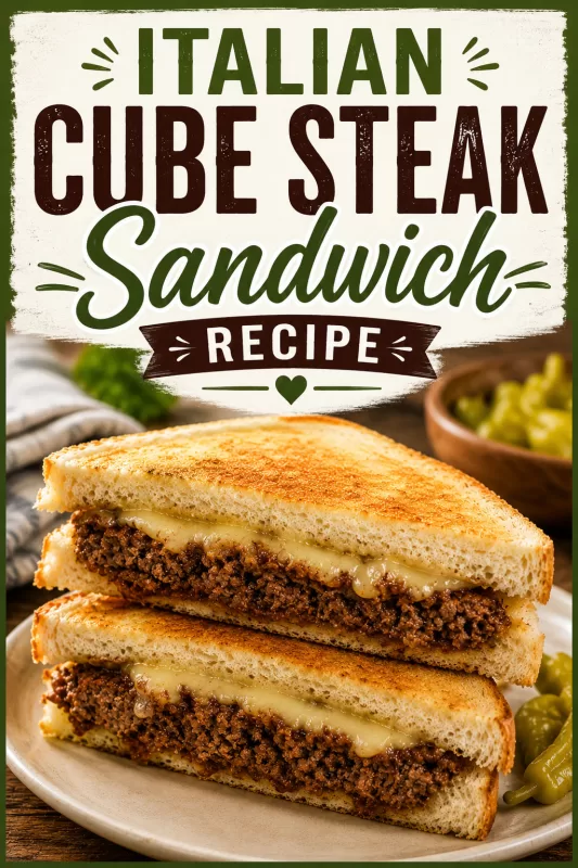 Pinterest graphic for an Italian Cube Steak Sandwich recipe featuring toasted steak sandwiches with melted cheese and bold recipe text overlay.