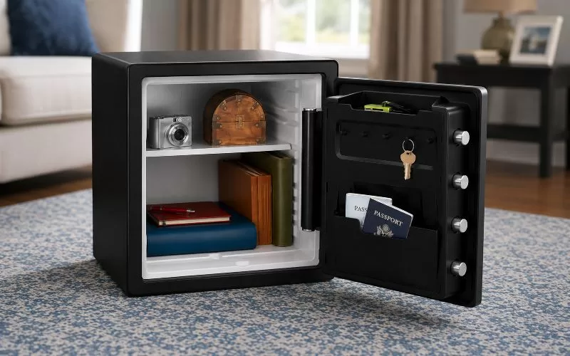 Open SentrySafe SFW123CS fireproof and waterproof safe displayed on a blue patterned rug with passports, documents, and valuables stored inside.