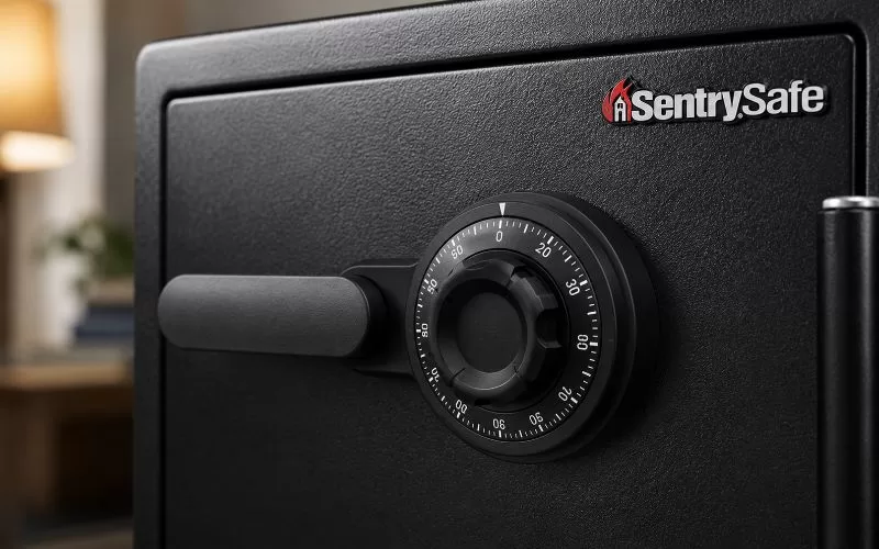 Close-up of the SentrySafe SFW123CS mechanical combination lock and handle on a black fireproof safe.
