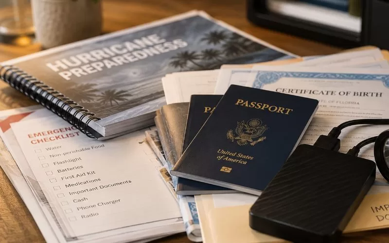 Emergency preparedness setup featuring an open SentrySafe with passports, important documents, external hard drive, flashlight, and hurricane planning supplies.