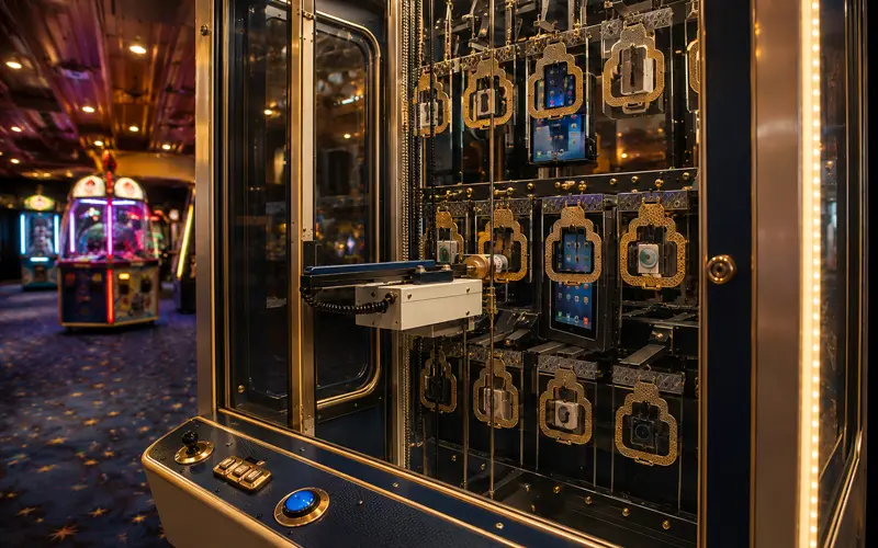Cruise ship arcade prize machine with games and colorful lights