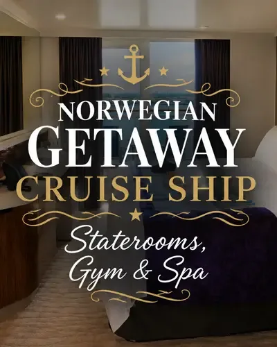 Norwegian Getaway cruise ship stateroom with decorative text highlighting staterooms, gym, and spa