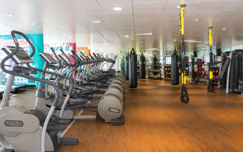 Norwegian Getaway gym with cardio machines, suspension straps, punching bags, and strength-training equipment