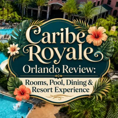 Caribe Royale Orlando pool with a decorative graphic for a review of the rooms, pool, dining, and resort experience.