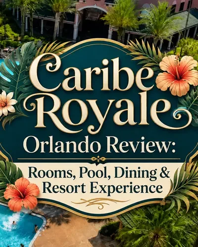Caribe Royale Orlando pool with a decorative graphic for a review of the rooms, pool, dining, and resort experience.