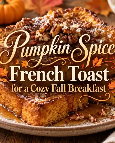 Pumpkin French toast with the article title centered over a decorative fall design