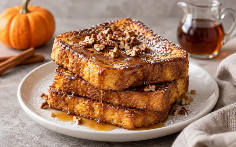 Pumpkin spice French toast topped with maple syrup, powdered sugar, and pecans