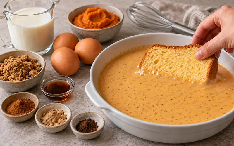 Thick brioche being dipped into pumpkin spice French toast custard
