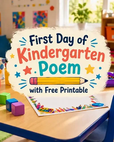 Colorful kindergarten classroom with decorative text reading First Day of Kindergarten Poem with Free Printable